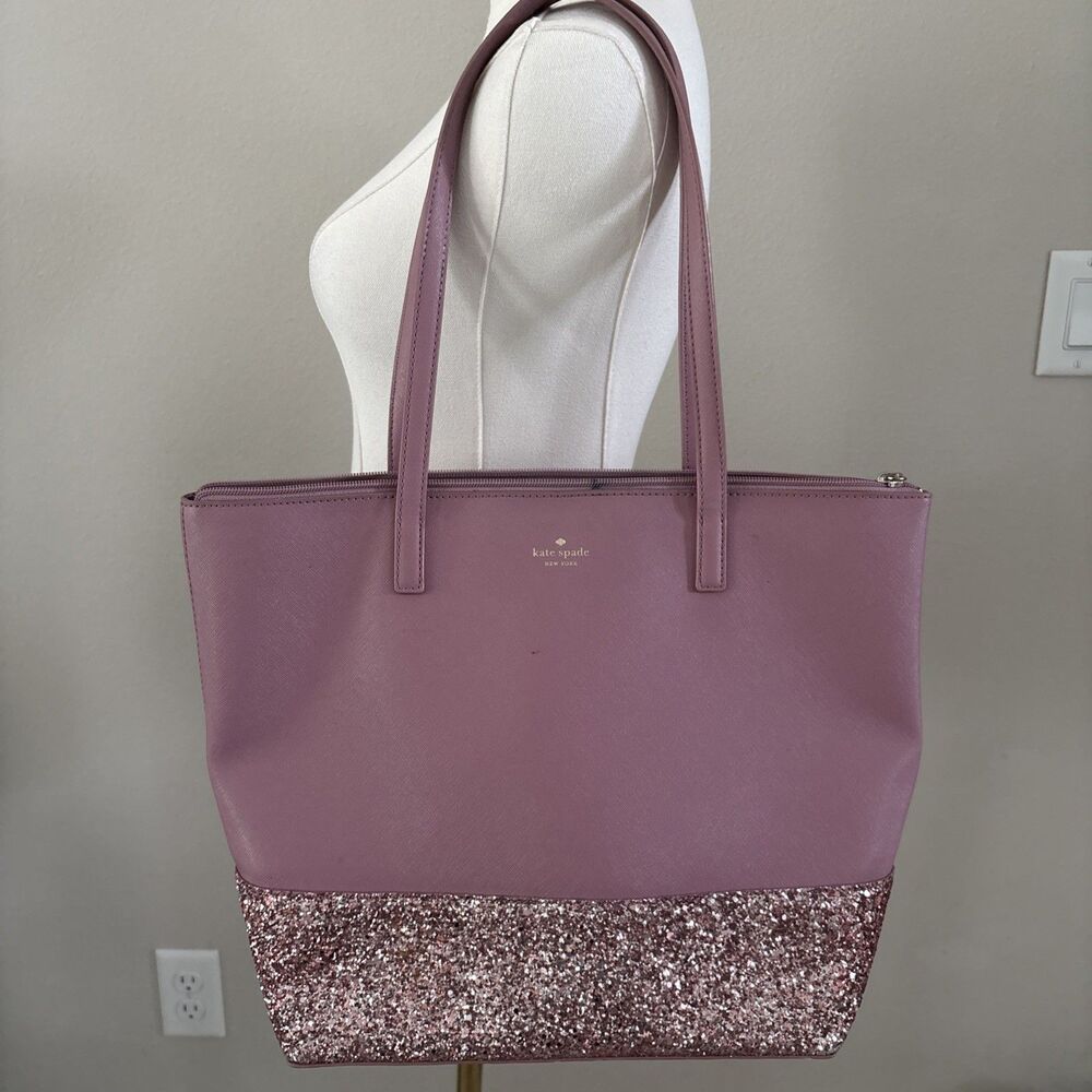 Kate Spade New York Pink Glitter Tote Bag with Double Handles, Zip Closure